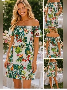 JCrew Off-Shoulder Tropical Floral Mini Dress - White/Green